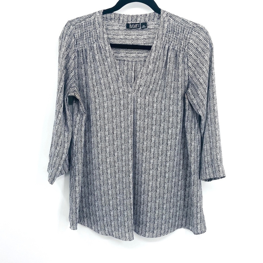 a.n.a Black White Semi Sheer Mock Shoulder V-Neck 3/4 Sleeve Blouse Petite Small